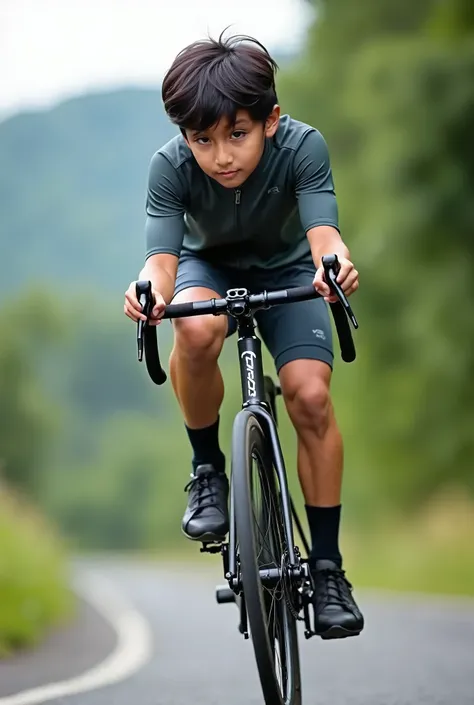 an Asian  boy 13 year, riding a road bike blue type "Trek " Madone SLR 9 Disc eTap Gen 7, outdoor, UHD, DETAILS.