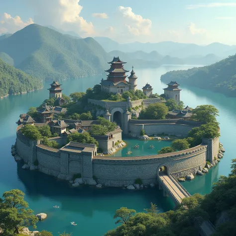 the capital city, surrounded by a circular, high-rise wall in the center of a lake, 70% submerged, water gates, bridges connecting to land routes, stone Northern Renaissance buildings like old palaces, old wooden Japanese buildings, gardens, a mix of Japan...