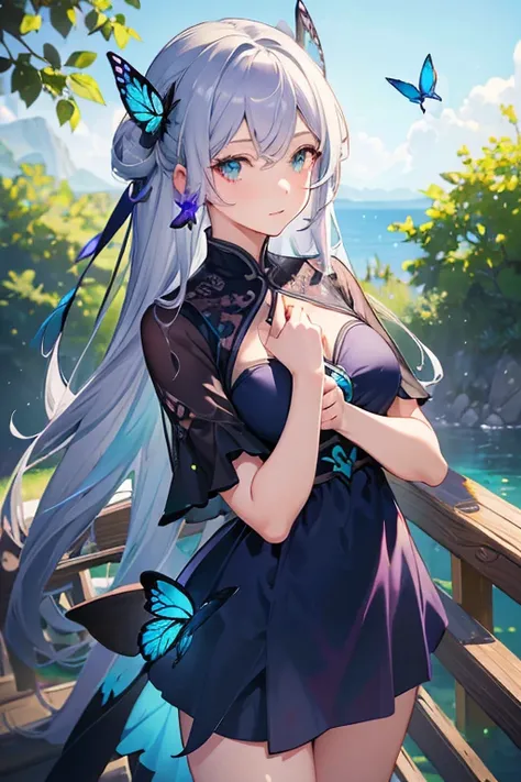 ((masterpiece)), (((Best Quality))), ((Very detailed)), colorful, High resolution, One girl, Alone, Upper Body, Grey Hair,green eye, luotianyi (Mid-summer),Mid-summer, Black and purple dress, (Blue Butterfly), White butterfly wings