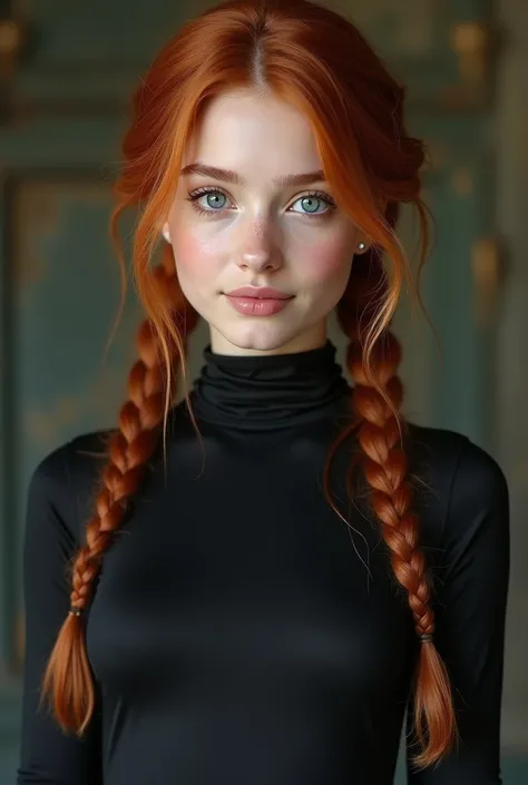 Photo of a Russian teenage girl, {{{high quality}}}, {{{super realistic}}},{{{best quality}}}, ((beautiful face)),((1 girl)),((One)),(()),((short girl)),((average breast size)),(red hair, two braids),(Blue eyes),(ultra detailed),((smile,красивая smile)),((...