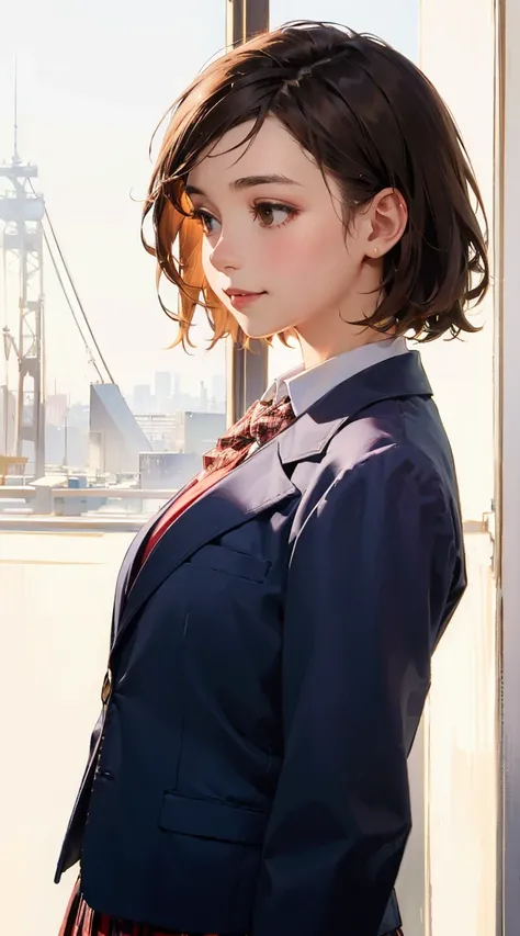 (masterpiece), (best quality:1.2), (very aesthetic:1.2), (absurdres:1.2), 1girl, solo, upper body, face focus, standing, bent down, smile, looking away, from side, school uniform, blazer, plaid skirt, face rotund, brown hair,short hair