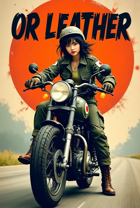  A young, pretty, smiling Japanese woman with messy short black hair, wearing a stylish flight jacket with a Japanese flag patch on her shoulder, sturdy cargo pants, sturdy boots, a vintage helmet and gloves, rides confidently on a vintage military motorcy...