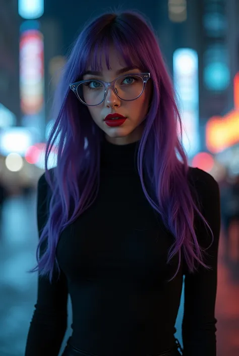 Beautiful realistic girl with red lipstick, rosy cheeks, big blue eyes, lined up horizontally near the nose, thin eyebrows, long straight purple hair, with nails, Painted black, in a black silk turtleneck, Black latex pants, standing,with a shy smile, tran...