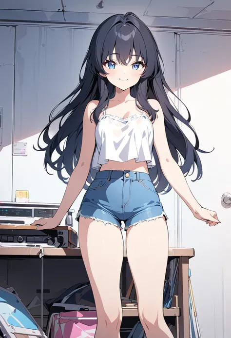 (masterpiece, best quality),80s anime style,one girl standing,black hair,messy long hair,eyes with large skyblue irises,teen,white camisole,shorts,cowboy-shot, smile,