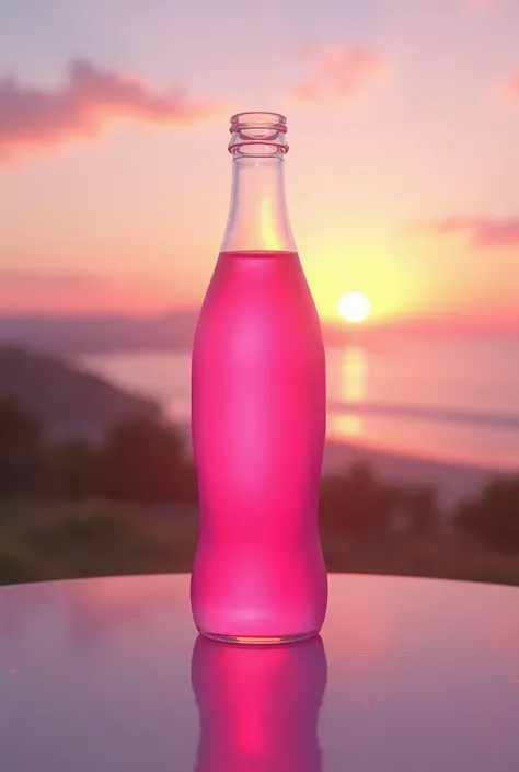 open pink soda bottle on a table with the sun setting in the background, with a softer light, with a view of the horizon, 
 pbr rendering, rendered in corona, hyper realistic detailed rendering, rendered in renderman, rendered in povray, Hyper realistic re...