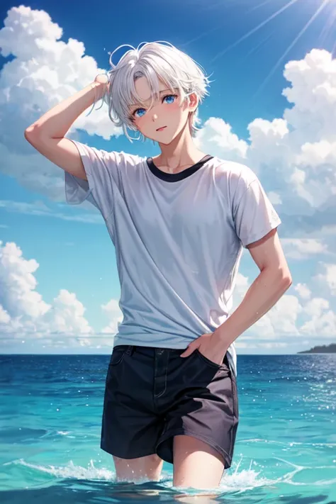 A white hair boy with blue eyes that look like an ocean wearing casual clothes 