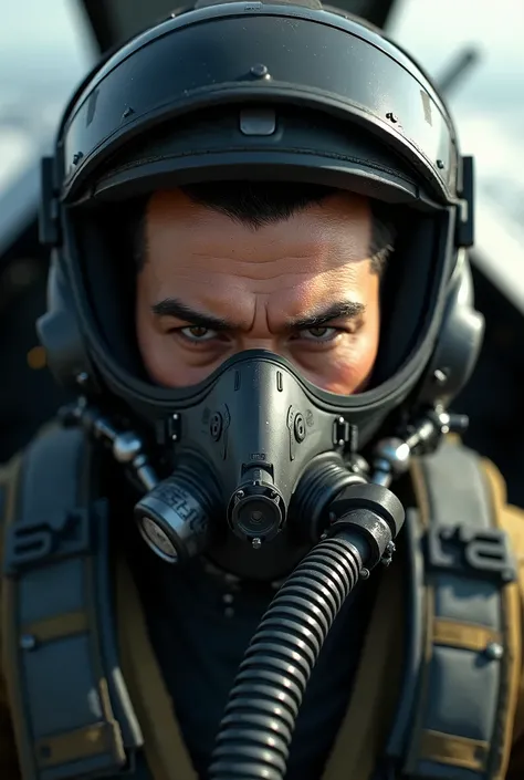 Fighter pilot, serious face, oxygen mask with hose,