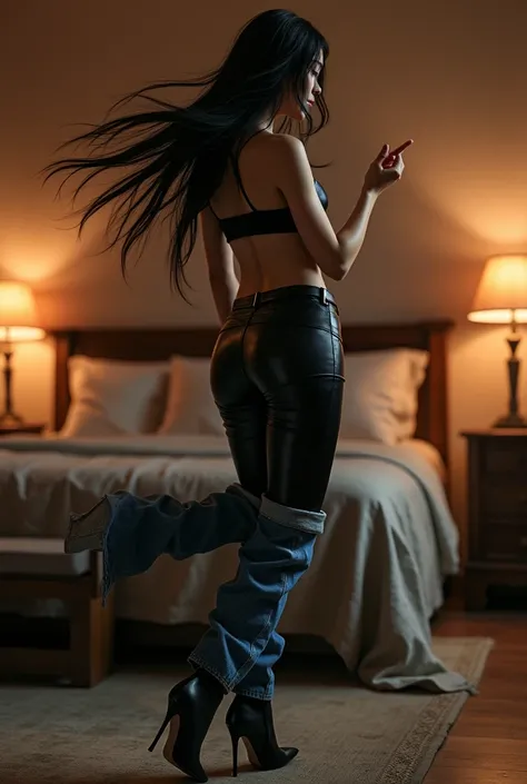 Japanese girl with long hair dancing seductively in black leather, long boots, long blue jeans, black belt in the bedroom. 