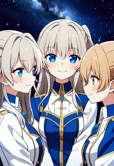 Three of her. Mirroring Clone Tomori Nao. Three of Tomori Nao. Anime girls Charlotte Tomori Nao. ,long light brown hair,to become uniform unique blue color eyes, I smile, Simple background, Great job, precise, Anatomy is correct, Best quality,   Side view ...