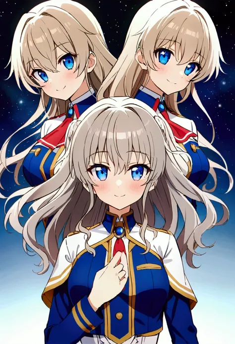 Three of her. Mirroring Clone Tomori Nao. Three of Tomori Nao. Anime girls Charlotte Tomori Nao. ,long light brown hair,to become uniform unique blue color eyes, I smile, Simple background, Great job, precise, Anatomy is correct, Best quality,   Side view ...