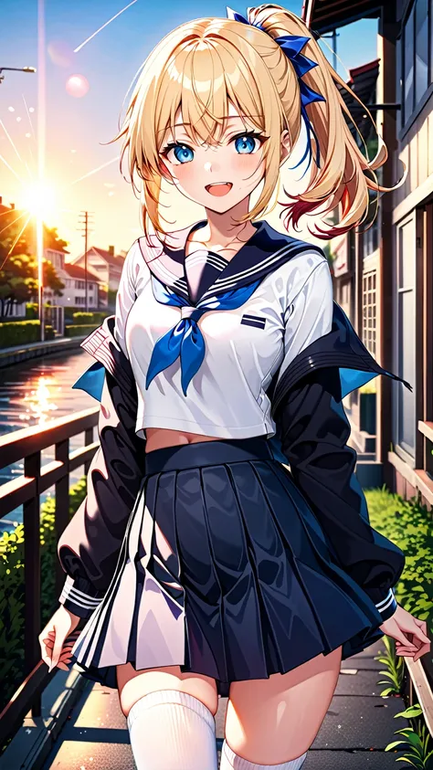 One girl, High school girl, Game CG, 
こちらに手を振って呼び掛けている, Laughing/A proud laugh, View your viewers, Active, 
High Band Ponytail, blond Hair, bangs, blue Eyes, Beautiful Face, Beautiful Hair, High chest, Firm breasts, Painted eyes, Beautiful body, Beautiful ...