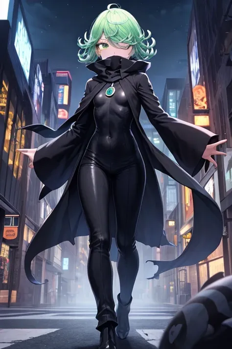 Masterpiece, best quality, ultra detailed, illustration, lighting epic, cinematic composition, 1 girl, Tatsumaki, short hair, green hair, very small breasts, green eyes, bright eyes, blushing, piercing gaze, full body, black scarf, bandage covering his mou...