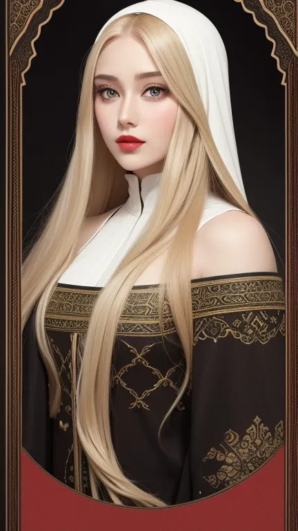 Perfect face, red lips, green eyes,long dark blonde hair with very long dark blonde hair, super long dark blonde hair with very super long dark blonde hair, muscular body, wearing Black Islamic clothing with white Islamic patterns and decorations in variou...