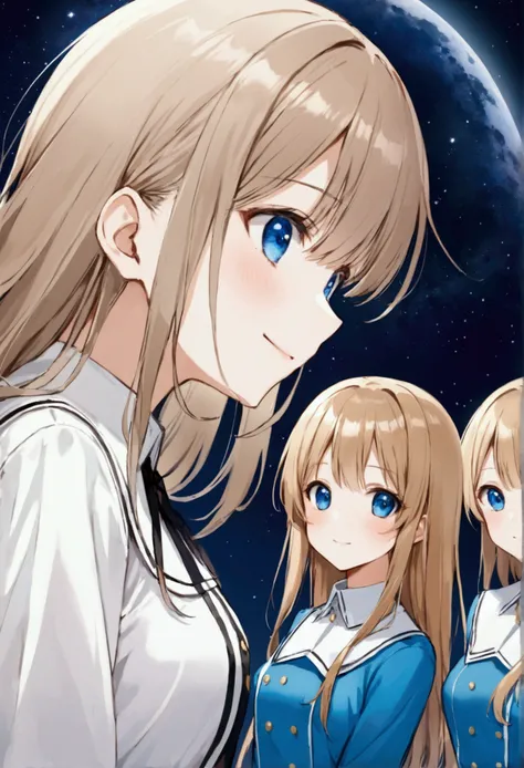 Three of her. Mirroring Clone Tomori Nao. Three of Tomori Nao. Anime girls Charlotte Tomori Nao. ,long light brown hair,to become uniform unique blue color eyes, I smile, Simple background, Great job, precise, Anatomy is correct, Best quality,   Side view ...