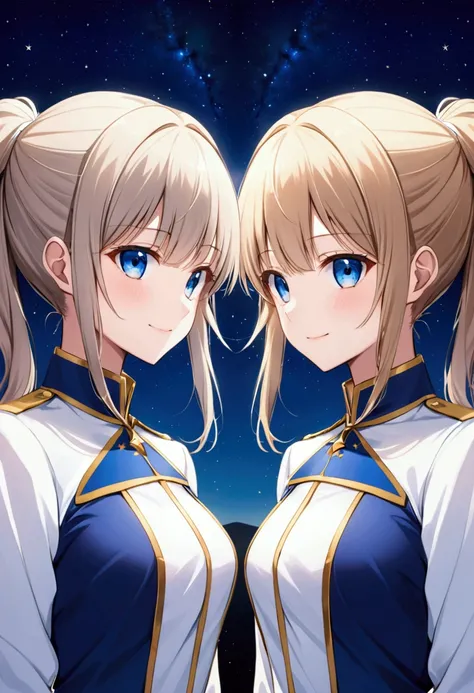 Three of her. Mirroring Clone Tomori Nao. Three of Tomori Nao. Anime girls Charlotte Tomori Nao. ,long light brown hair,to become uniform unique blue color eyes, I smile, Simple background, Great job, precise, Anatomy is correct, Best quality,   Side view ...