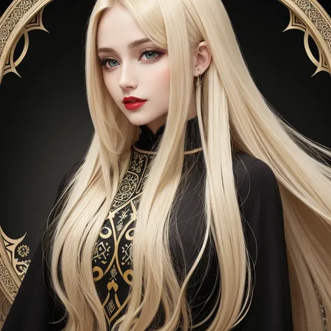 Perfect face, red lips, green eyes,long dark blonde hair with very long dark blonde hair, super long dark blonde hair with very super long dark blonde hair, muscular body, wearing Black Islamic clothing with white Islamic patterns and decorations in variou...