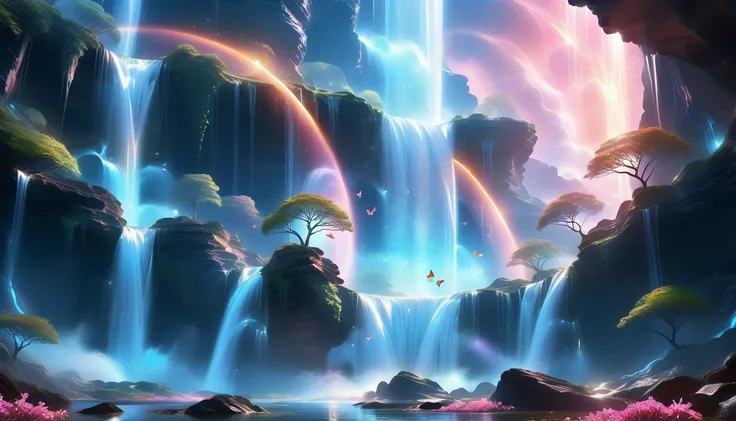 A Masterpiece In 32K Resolution, Supreme Quality, Super Detail, Official Art, Very High-Resolution 32K Wallpaper, Beautiful And Aesthetic, Ultra-Detailed Features, Awe-Inspiring Detail. A Mystical Waterfall With Butterflies Dancing Under The Full Moon - Ca...