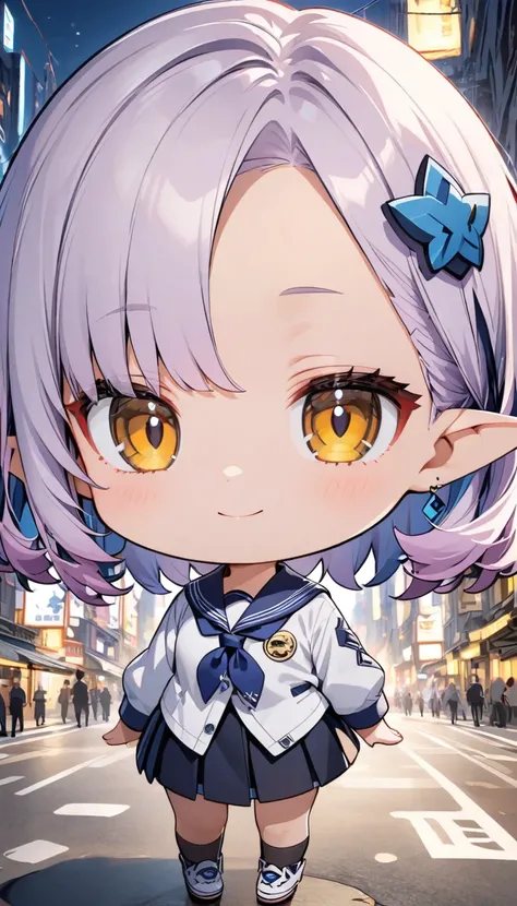 Light purple hair, Center parted bangs, Big yellow eyes, Chibi,Pointy Ears,Blue hair ornament,