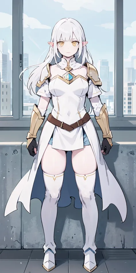 masterpiece, best quality, high quality, white SKIN elf, long hair, white hair, yellow eyes, full body, def_effie, blue breastplate, white skin, looking at viewer, shiny, armor, thigh highs, high boots, shoulder armor, faulds, poleyn, gloves, gauntlets