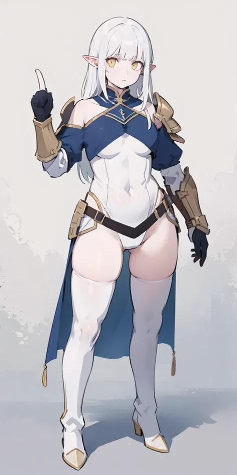 masterpiece, best quality, high quality, white SKIN elf, long hair, white hair, yellow eyes, full body, def_effie, blue breastplate, white skin, looking at viewer, shiny, armor, thigh highs, high boots, shoulder armor, faulds, poleyn, gloves, gauntlets