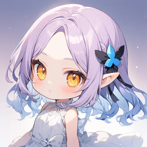 light purple hair, center parted bangs, big yellow eyes, chibi,pointy ears,blue hair ornament,