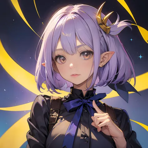 light purple hair, center parted bangs, big yellow eyes, chibi,pointy ears,blue hair ornament,