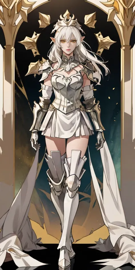 masterpiece, best quality, high quality, white SKIN elf, long hair, white hair, yellow eyes, full body, def_effie, blue breastplate, white skin, looking at viewer, shiny, armor, thigh highs, high boots, shoulder armor, faulds, poleyn, gloves, gauntlets