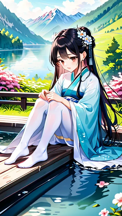 Hanfu, 1 Girl, Medium chest, Lysis, Mountain, soaking foot, Sitting, Chinese Park Background,White stockings,Shimizu,(foot:1.3), Too many flowers,  