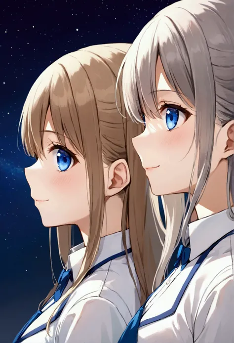 Three of her. Mirroring Clone Tomori Nao. Three of Tomori Nao. Anime girls Charlotte Tomori Nao. ,long light brown hair,to become uniform unique blue color eyes, I smile, Simple background, Great job, precise, Anatomy is correct, Best quality,   Side view ...