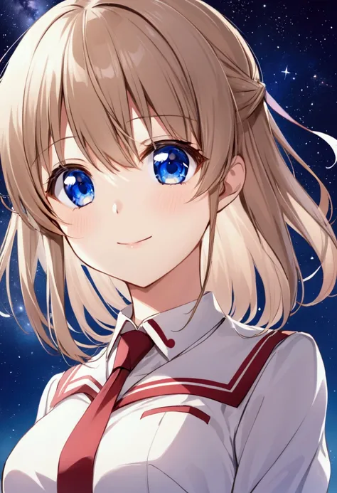 Three of her. Mirroring Clone Tomori Nao. Three of Tomori Nao. Anime girls Charlotte Tomori Nao. ,long light brown hair,to become uniform unique blue color eyes, I smile, Simple background, Great job, precise, Anatomy is correct, Best quality,   Side view ...