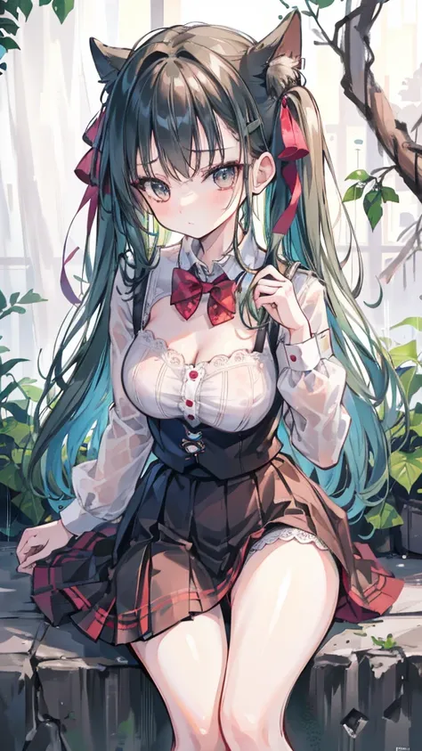 Best quality, high resolution, absurd, Extremely detailed, Suzuya_(captain), 1 Girl, Long_hair, skirt, Solitary, shirt, rain, Wet_clothing, hair_Decorations, Wet, Chest, underwear, Ruffles_skirt, see-through, bowtie, Red_bow