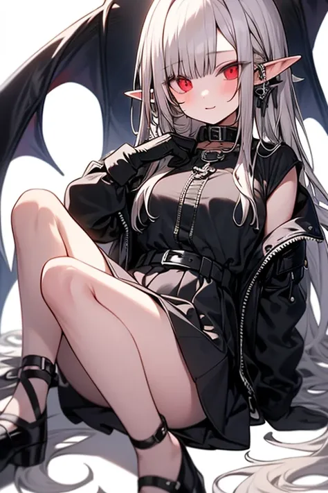 1 elf vampire girl, long white hair, black jacket,iron gloves, short black skirt,black shoes.