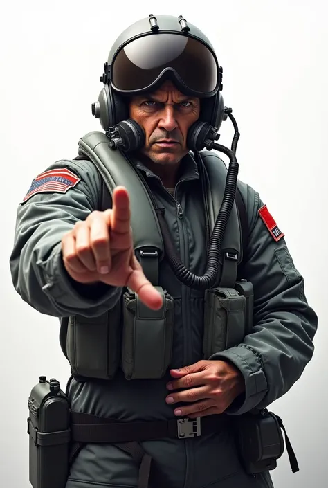 Fighter pilot, serious face, oxygen mask with hose, year 1999, ALL IN FOCUS, white background, grey and red uniform, closed helmet, closed viewfinder, mid body, hand gesture