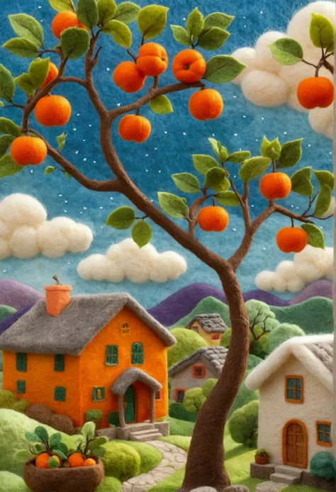 very strong felt style:1.59.China 70oonlight，Country yard，Warm home，balcony，Persimmon tree，Happy little guys，