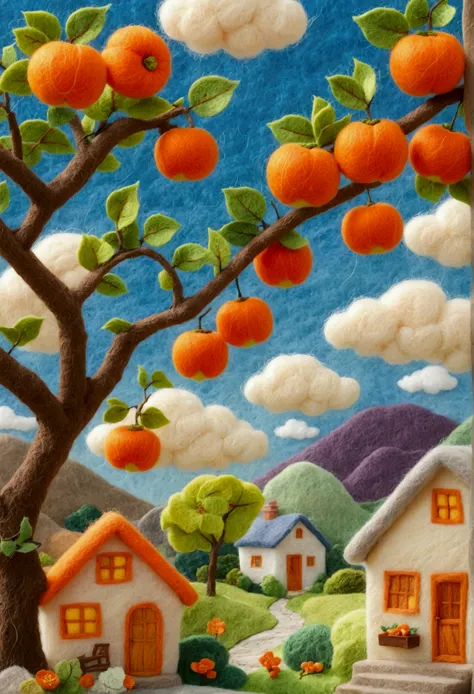 very strong felt style:1.59.China 70oonlight，Country yard，Warm home，balcony，Persimmon tree，Happy little guys，