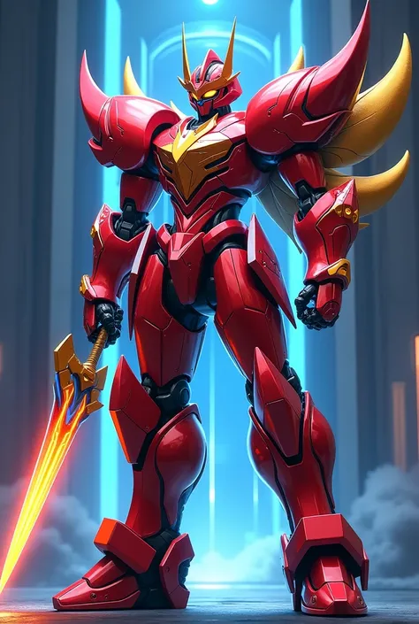 High resolution, Full body robot knight, with red chrome armor, with white edges, in the chest golden energy core, He has a multi-colored energy sword in his right hand, has cyber wings, It has a golden colored layer, In the background you can see a blue p...