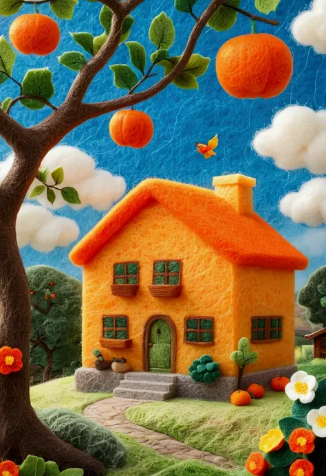 Sponge texture，very strong felt style:1.59.China 70oonlight，Country yard，Warm home，balcony，Persimmon tree，Happy little guys，