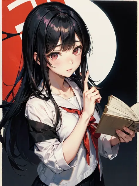 anime girl with long black hair and white shirt holding a red ribbon, an anime drawing inspired by Miwa Komatsu, tumblr, shin hanga, hinata hyuga, she has black hair with bangs, junko enoshima, iwakura lain, shikamimi, sui ishida with black hair, with inde...