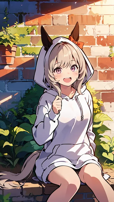 masterpiece, Best Quality, High resolution, Very detailed,(((Karen Chan))), (((Horse Girl))), (((hoodie))), (((Sitting far away))), (((Facing forward。))), (((Around town))), (((Brick wall))), (((Laughing。))), (((Plants)))