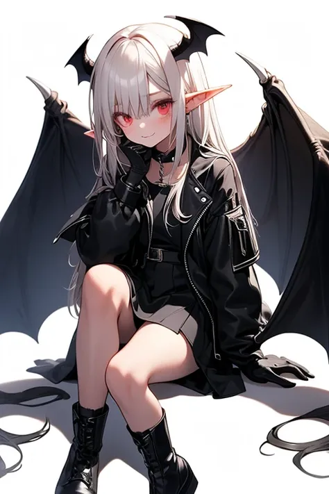 1 elf vampire girl, long white hair, black jacket,iron gloves, short black skirt,black shoes.(Black bat wings), (black horns)