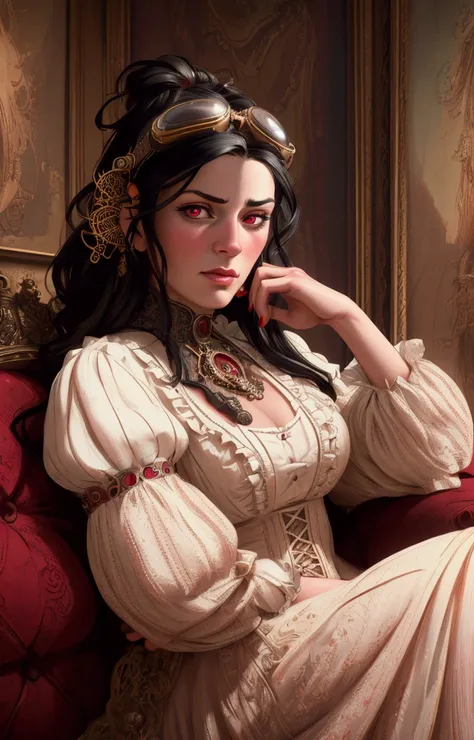 intricate detailed portrait of a woman with red eyes, black hair, sitting on a sofa wearing a light pink and white Victorian dress, wearing a steampunk goggles on her head, Lady Mechanika, Joe Benitez art, hyper detailed, (best quality,4k,8k,highres,master...