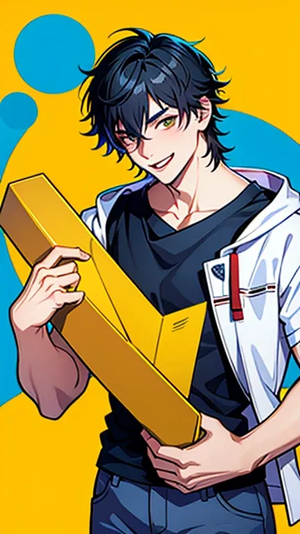 1boy, masterpiece, best quality, lora:jjk_fushigurotouji-11:1, Fushiguro Toji, muscular male, black hair, black shirt, short sleeves, pants, monster. Additionally, create a stylized, chibi-style male college student character. He is wearing a lab coat over...