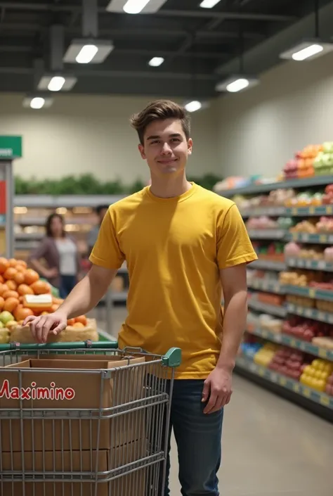 A tall, thin white young man packing merchandise in the supermarket with a yellow t-shirt and a cart next to him with his name on it Maximino