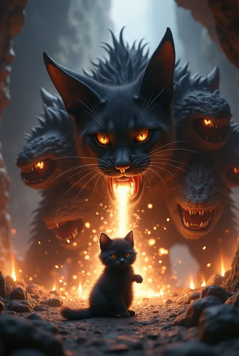 The cutest black kitten in the world, fighting the ferocious and terrifying monster Chimera and firing beams at the Chimera from its mouth.、Inside the cave、The dazzling light of the torches、Bold composition、A powerful composition、Cinematic lighting、Side vi...