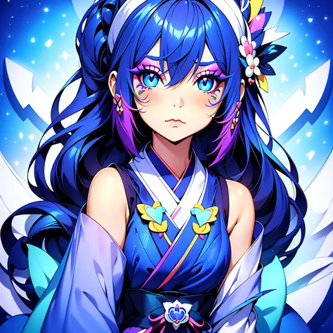 high quality、Vibrant colors、High image quality、(Girl with makeup:1.37) 、Wearing a Gothic Kimono, Neon blue and white women&#39;s collection, Cute cartoon design, Sky blue and bright yellow
，Geometric background，Sticker Style,
 , Attention to detail, High r...