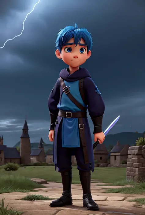 Bluehairboy in black medieval clothes with 2 swords Storm background