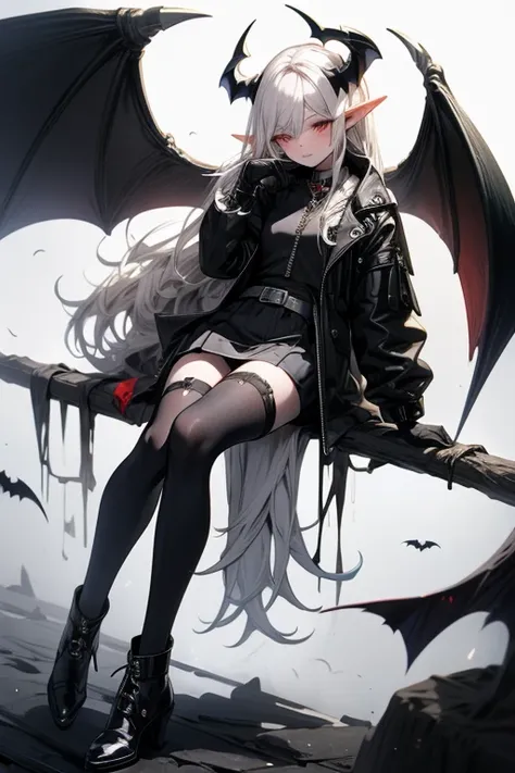 1 elf vampire girl, long white hair, black jacket,iron gloves, short black skirt,black shoes.(Black bat wings), (black horns)