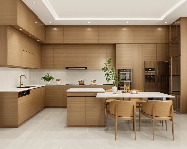 real photo, modern kitchen and dinning room, 1 tủ lạnh, morden wooden and rattan funiture, gorgeous design, modern style, shadow...