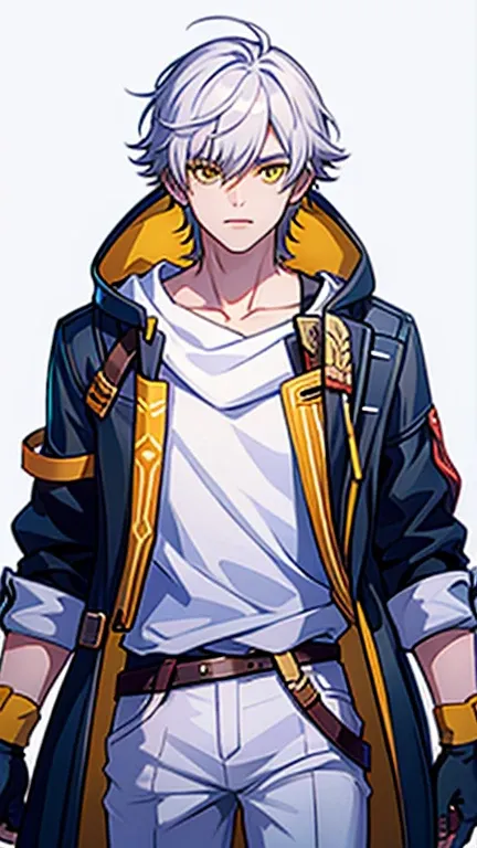 Masterpiece, best quality, lora:trailblazer:1, chibi, 1boy, male focus, gloves, short hair, white hair, bangs, yellow eyes, white shirt, pants, belt, open lab coat, jewelry, white background. Additionally, create a stylized male college student character w...