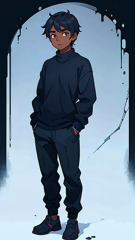 Dark skinned boy blue long sleeved sweater black pants blue shoes High resolution, standing in front 